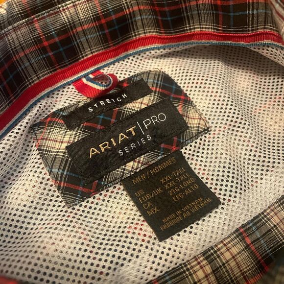 ariat pro series plaid long sleeve flannel button up black red blue XXL tall - Picture 2 of 8